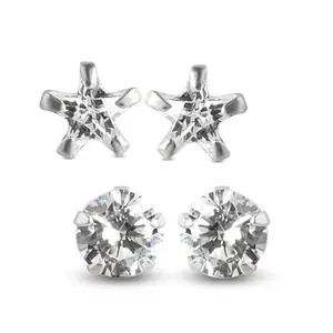 ZAVYA 925 Sterling Silver Star Solitaire Rhodium Plated CZ Combo Women Stud Earring - Set of 2 | Gift for Women and Girls | With Certificate of Authenticity and 925 Hallmark