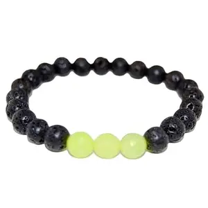RRJEWELZ Unisex Bracelet 8mm Natural Gemstone Black Lava & Yellow Jade Round shape Smooth cut beads 7 inch stretchable bracelet for men & women. | STBR_01342