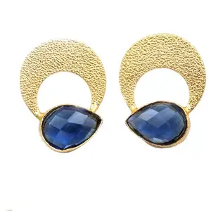KHN Fashion Designer Textured Pattern Tanzanite Quartz Pear Shape Gold Plated Stud Earrings