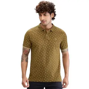 Colorplus Men's Tailored Fit Print Pattern Pure Cotton Half Sleeve Polo Neck Casual T-Shirt (Size: 2XL)-CJKV00258-N8 Dark Green