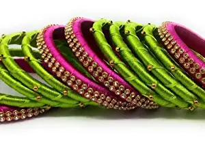 Sai Handmade Silk Thread Pink And Green Color With Stone Bangle Set For Women (Size - 2.8)