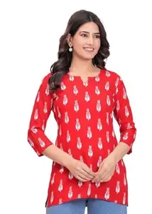 RAMESTH Textile Casual Printed V-Neck Cotton Top for Women || Summer Short Red Kurti for Women