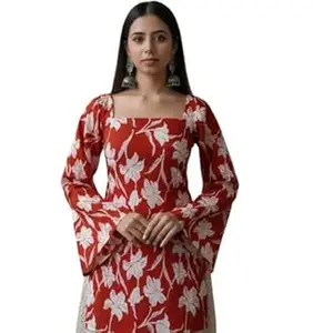 SANGOURI Women Pure Cotton Floral Printed Short Kurti | Square Neck | Full Sleeves | Stylish Ethnic Kurta | Back Tie-Up | Casual Wear Kurta