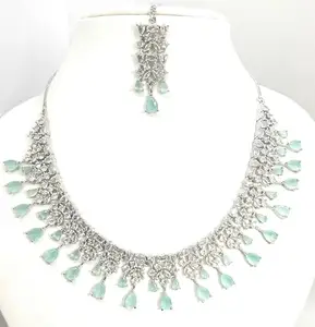 Jhankaar By Payal Elegant stylish Rhodium plated American Diamond AD Necklace Set with Earrings and Maangtikka for Women and Girls (Mint green)