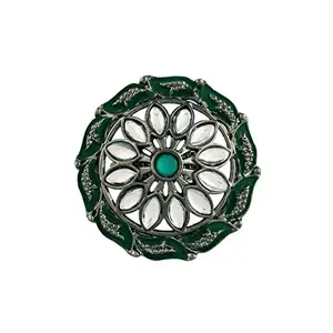 I Jewels Silver Oxidized Kundan Studded Meenakari Work Adjustable Finger Ring for Women (FL197G)