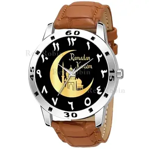 Gadgets World Analog Ramadan Design Black Dial Stylish Brown Leather Strap Wrist Watch for Muslim Men and Boys, Pack of 1 - Ramadan-AVO-SIL-BRW-L