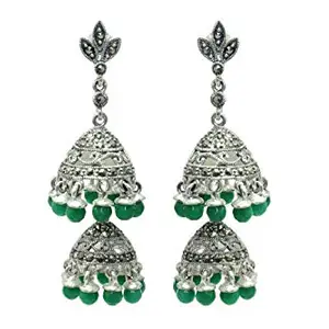 Rajasthan Gems 925 sterling silver Jhumki earring India Tribal Jewelry green onyx Stones