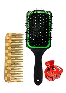 BigBro Hair Brush Cushioned Paddle Hair Brush(1pc) Wooden finish Wide Teeth Plastic Comb(1pc) Hair Clutcher (1pc) for Hair Styling for Girls Women and Men (Super Saver Combo Pack)