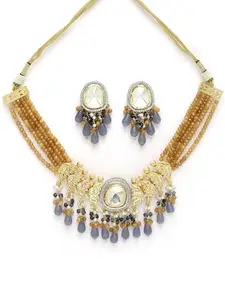 Karatcart Gold Plated Purple Drop Bead Mustard Crystal Beaded Polki Choker Necklace Set for Women