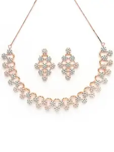 Karatcart Elegant Rose Gold Plated Necklace Set Studded with American Diamond and Rhodium Finish