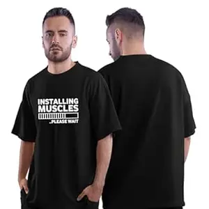 DUDEME Unisex Cotton Gym T Shirt | Oversized Workout T Shirt for Men & Women | Black Gym Tshirt | Loose Fit Gym Wear for Workout, Training & Fitness