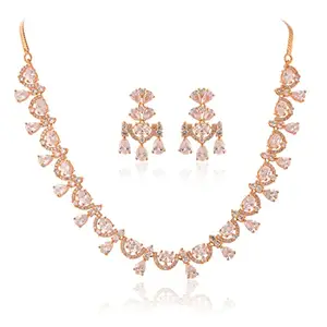 RATNAVALI JEWELS American Diamond Rose Gold Plated Traditional Fashion Jewellery Necklace Set with Earring for Women/Girls RV4166RG