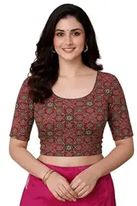 Amazon Brand - Anarva Women's Kalamkari Print Cotton Stretchable Round Neck Readymade Saree Blouse