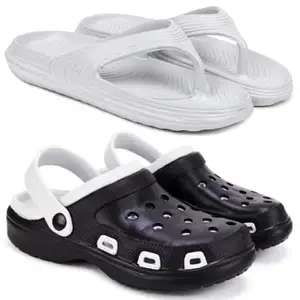 Pampy Angel Combo Pack of 2 Slipper/Flip Flops/Slides/Clogs/Sandals with Adjustable Back Strap for Men,(V-Evafeet-Grey,Cl-Shell-Black),9 (UK/India)