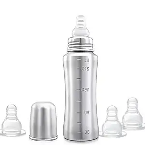 Speedex Stainless Steel Infant Baby Feeding Bottle 240ml, BPA Free, Anti-Colic, Plastic-Free, ML Marking, Medium-Flow Nipple (240 ML, 3 Nipple Extra)