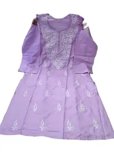 Cotton All-Over Embroidered 3/4th Sleeves Chikankari Pattern Kurti Lavender