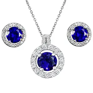 Peora Silver Plated American Diamond Studded Blue Pendant Necklace & Earrings Set Fashion Stylish Design Jewellery Gift For Women & Girls