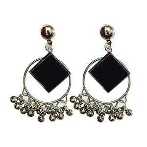 Geometric Drop Earrings with Black Square and Beads, Metal Hoop Design, Fashion Statement Jewelry for indoor and outdoor casual