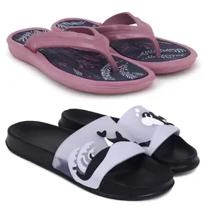 Pampy Angel Combo Pack of 2 Slipper/Flip Flops/Slides/Clogs/Sandals for Women,(V-Sflower-Peach,Dolphin-Black),40 (Euro)