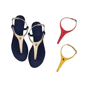 Cameleo -changes with You! Cameleo -changes with You! Women's Plural T-Strap Slingback Flat Sandals | 3-in-1 Interchangeable Leather Strap Set | Gold-Red-Yellow