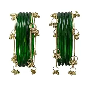 ZULKA Trendy Glass Bangles with Alloy Ghungroo Charms For Women & Girls | Fancy Designer Glass Bangles | Traditional Chudi | Kanch Ki Churi | Stylish Ghungroo Bangles For Women - Set Of 12