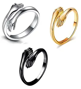 Set Of 3 CMB7828 Multicolor Stainless Steel Valentine's Day Forever Love Couple Embrace Statement Promise Anniversary Adjustable Hand Hug Me Thumb Finger Ring