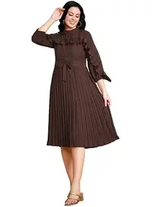 Glomee Fit & Flared Pleated Dress with Belt tie up Brown