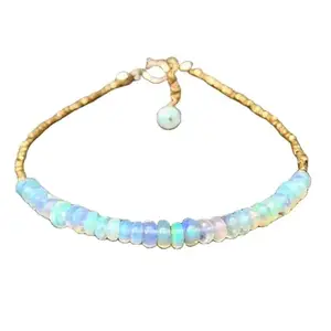 LKBEADS Gold Plated Bracelet with White Smooth Ethiopian Opal Beads – Rondelle 3-3.5mm – 7 inch Adjustable – For Men & Women|LK_STACK_02702