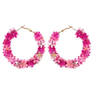Vientiq Beaded Pink Floral Hoop Earrings