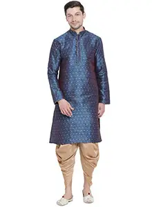 VASTRAMAY Men's Royal Blue Cotton Silk Blend Kurta and Dhoti Pant Set_VASMK023BUnCDRG_46