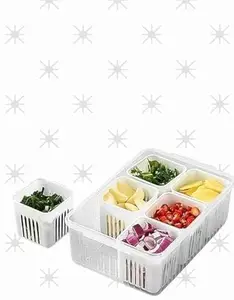 Fridge Storage Organizer Box Set for Vegetable | Drain Cup 6 in 1 Grid Removable Fridge Storage Boxes for Chopped Vegetables |Design - 521 Food Storage Containers