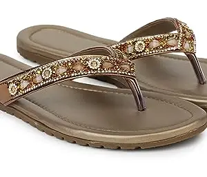 Fabbmate Latest Embroidered Stones Work T-Strap Flats Sandal for Women's Pack of 1 (Gold, numeric_7)