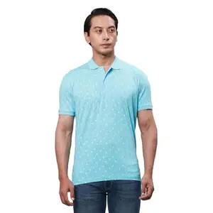 Park Avenue Men's Slim Fit Cotton Blend Half Sleeve Polo Neck Print Pattern Blue Casual T-Shirt (Size: 39)-PCKB01143-B3