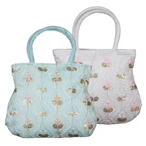 Kuber Industries Hand Bag | Traditional Tote Hand Bag for Women | Silk Wallet Hand Bag | Ladies Purse Handbag | Curved Shape Embroidery Hand Bag | Pack of 2 | Multi