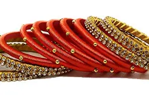 Generic Thread Trends Hand Made Silk Thread Plastic Bangle Set of 10 Bangles Orange-Gold (size-2/8)