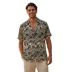 Glowic Men's Premium Cotton Blend Printed Cuban Collar Shirt | Stylish Elephant Motif Half Sleeve Beach Wear Casual Button Down Hawaiian Shirt for Men