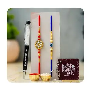 TONKWALAS Rakhi for Brother With 2 Designer rakhi, 1 Best Bro ever Pen, 1 Keychain, Greeting Card and Roli Chawal Pack | Rakhi Gift for Brother (TW-PK-3)