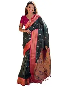 Zivanshi Weaves Womens Silk Blend Saree Featuring Small Peacock Design With Tassels On The Pallu With Blouse 5.5 Meter Saree 0.8 Meter Unstitched Blouse Piece