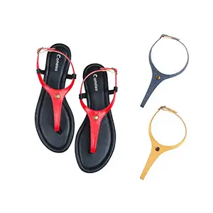 Cameleo -changes with You! Women's Plural T-Strap Slingback Flat Sandals | 3-in-1 Interchangeable Strap Set | Red-Leather-Dark-Blue-Yellow