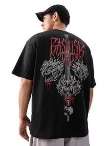 The Souled Store Official The Witcher: Basilisk Men and Boys Short Sleeves Round Neck Black Graphic Printed Cotton Oversized T-Shirts