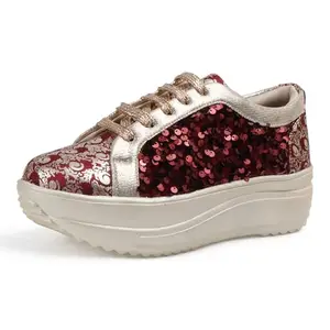 Vendoz Women Wedding & Party High Heel Sneakers I Cushioned Insole I Glittery & Embellished Bridal Wear I Lightweight and Stylish Shoes for Girls CNV4033MR-36 Maroon