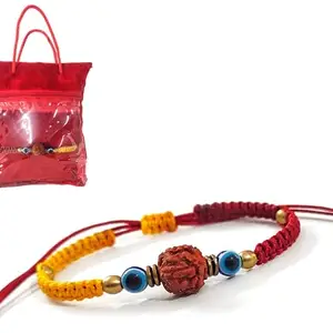 SAFFRON SHADES Rudraksha Turkish Evil Eyes Rakhi Bracelet for Brother Sister Bhabhi | Protective and Goodluck Designer Premium Rakhi | Red & Yellow | Roli Chawal | Greeting Card | Gift Bag