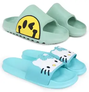 Pampy Angel Combo Pack of 2 Slipper/Flip Flops/Slides for Women,(T-Eyes-Green,Kitty-Blue),37 (Euro)
