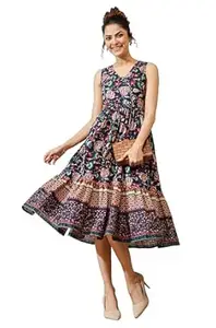 Janasya Women's Navy Blue Pure Cotton Floral Prinrted Fit & Flared Dress