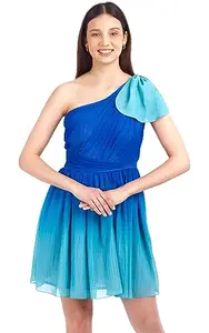 Miga by shaberry Miga Women Blue Polyester Chiffon Off-Shoulder Fit & Flare Dress (Ombre, XS)