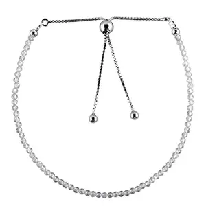 RRJEWELZ White Topaz Round Beaded Bracelet – Faceted 2-2.5mm White Stones with Silver Lock – 7 Inch Adjustable link Bracelet for Men & Women|LCBR_RR_06669