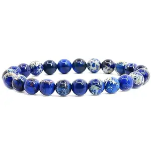 RRJEWELZ Natural Blue Sea Sediment Jasper 8mm Round Shape Smooth Cut Beads Stretchable Bracelet for Men & Women.|STBR_RR_02252_6.5