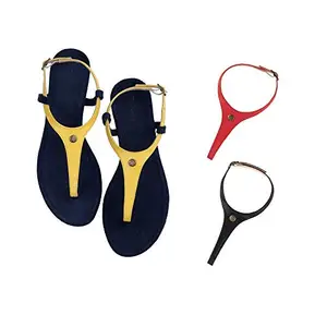 Cameleo -changes with You! Women's Plural T-Strap Slingback Flat Sandals | 3-in-1 Interchangeable Leather Strap Set | Yellow-Red-Black