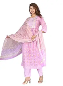 RAJORIYA FASHION Nayra Cut Cotton Kurta Set with Dupatta for Women Embroidery Work Shorts Sleeve Round Neck Tranding Straight Kurti Anarkali Kurti (L, Light Pink Lavender)