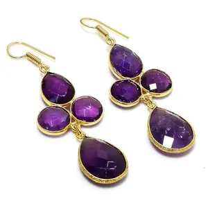 Gold Plated Drop & Dangle Amethyst Earring Jewelry | Handmade Amethyst Hook Earring | Multi Shape Gemstone Earring For Women | Gift For Wife & Mom